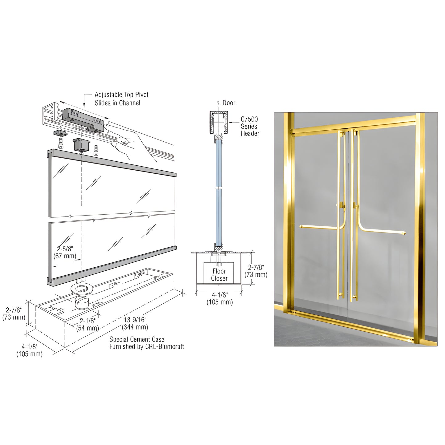 CRL-Blumcraft 1301 (SKU 13HP12SB) fully glazed commercial double door in satin brass with slim rails and center pull bars