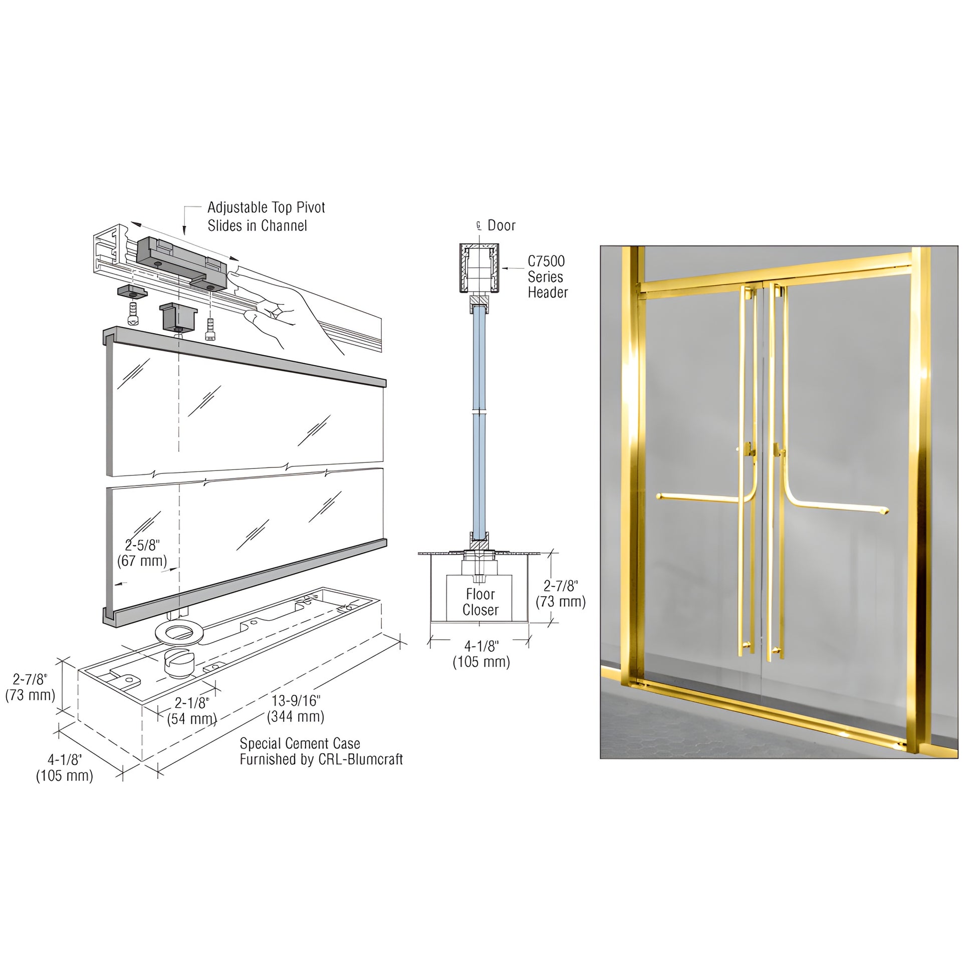 CRL-Blumcraft 1301 (SKU 13HP12SB) fully glazed commercial double door in satin brass with slim rails and center pull bars