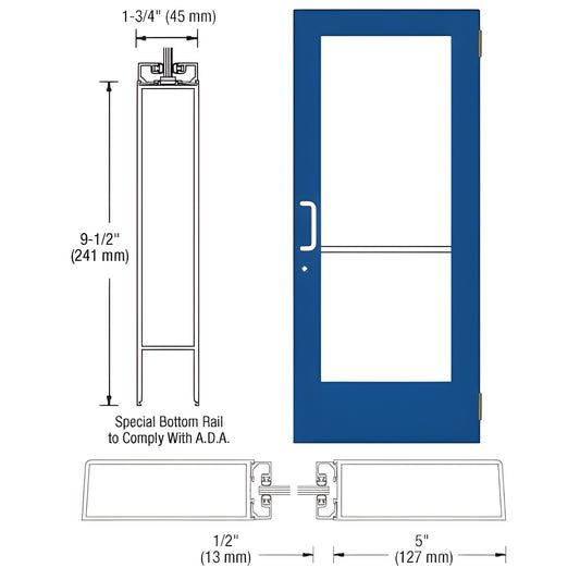 Blue CRL wide-stile glass entrance door (SKU CD51571) with 91 2" ADA bottom rail, 5" stiles and push/pull hardware