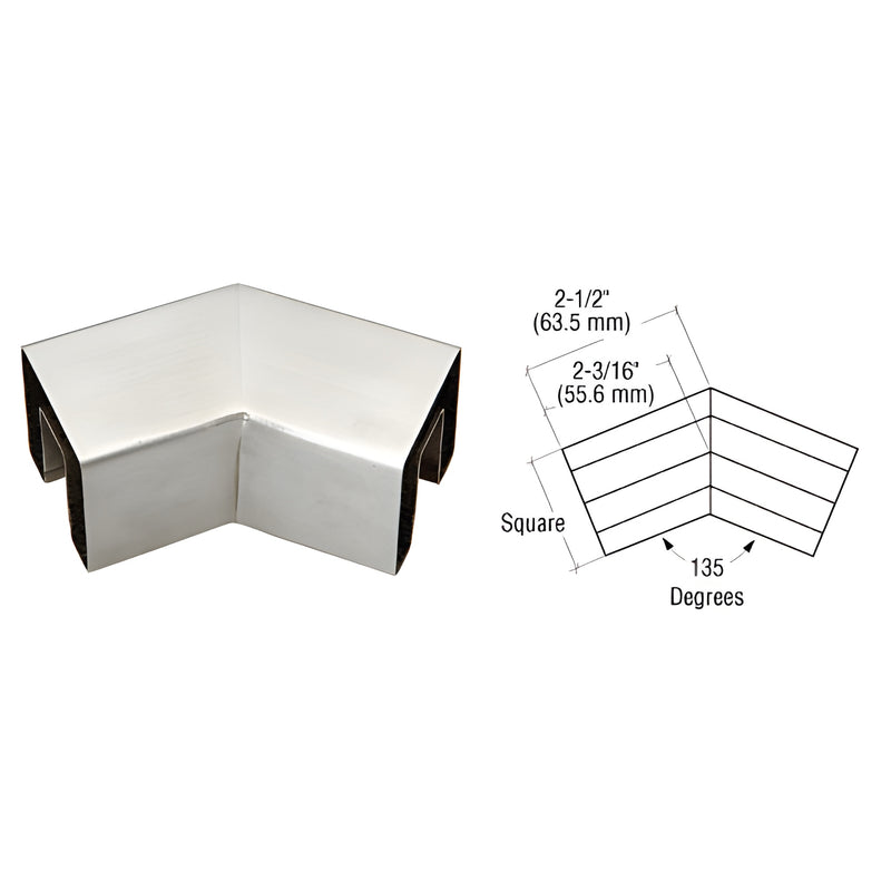 GRS15H3BS brushed stainless steel 135 square interior cap rail corner for 1/2-5/8 (12-16 mm) glass.