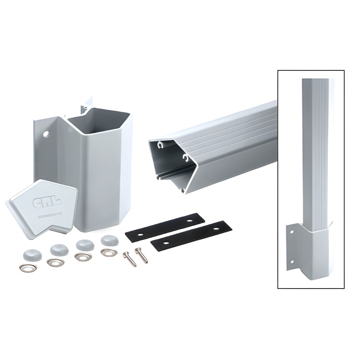 135 outside fascia-mount aluminum post kit, mill finish with bracket, cap, washers and bolt covers. SKU 1FP548KM