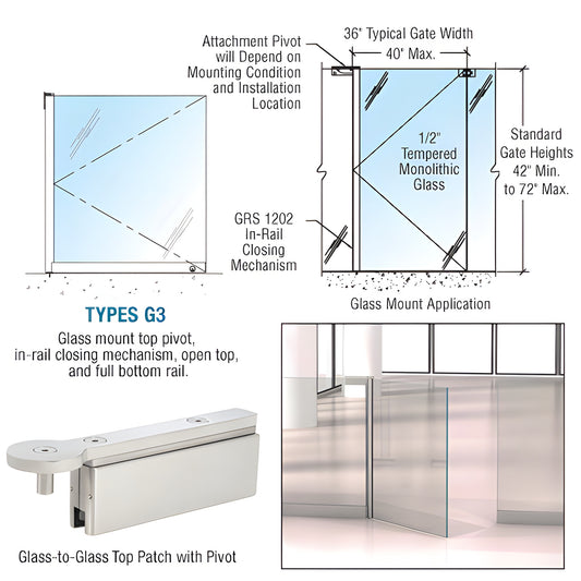 Brushed stainless steel GRS 1202 G3 swinging glass gate hardware with in-rail closer, fits 3/8-1/2" glass, up to 40" wide.