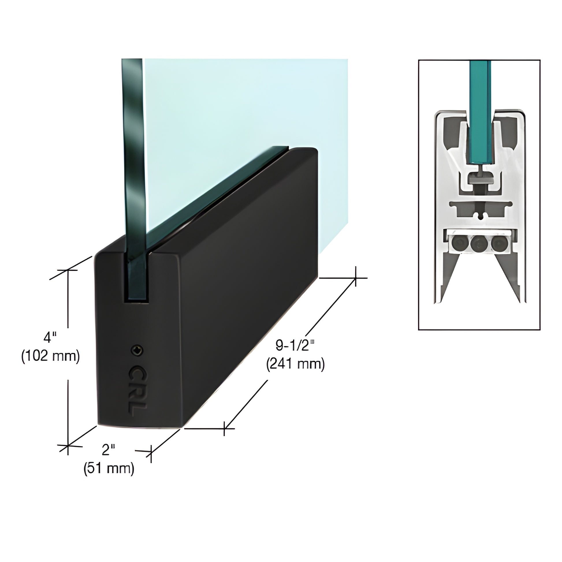 Matte black aluminum CRL Wedge-Lock 91 2 patch door rail for 1/2 (12mm) tempered glass, 4 height - SKU DR4SMBL12P