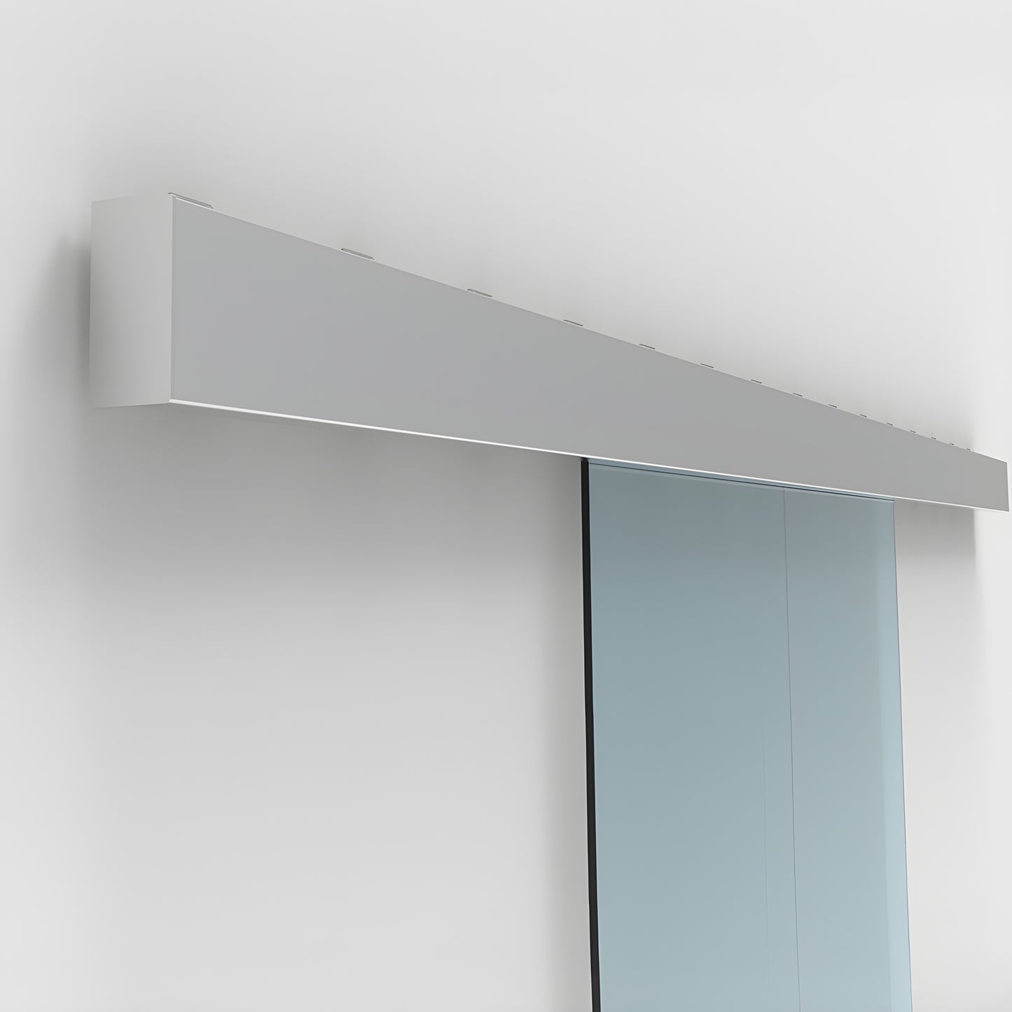 CRL50S2 satin anodized top-track for synchronized bi-parting tempered glass doors with one sliding glass panel.