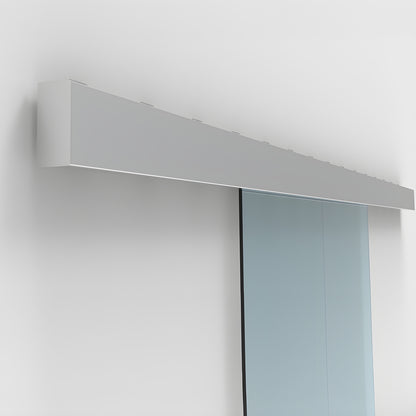 CRL50S2 satin anodized top-track for synchronized bi-parting tempered glass doors with one sliding glass panel.