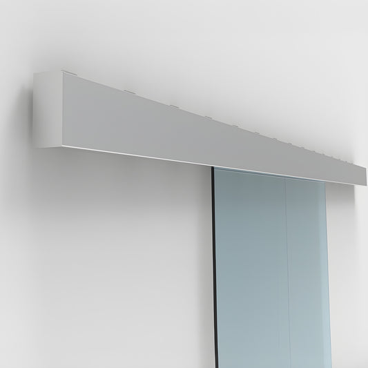 CRL50S2 satin anodized top-track for synchronized bi-parting tempered glass doors with one sliding glass panel.