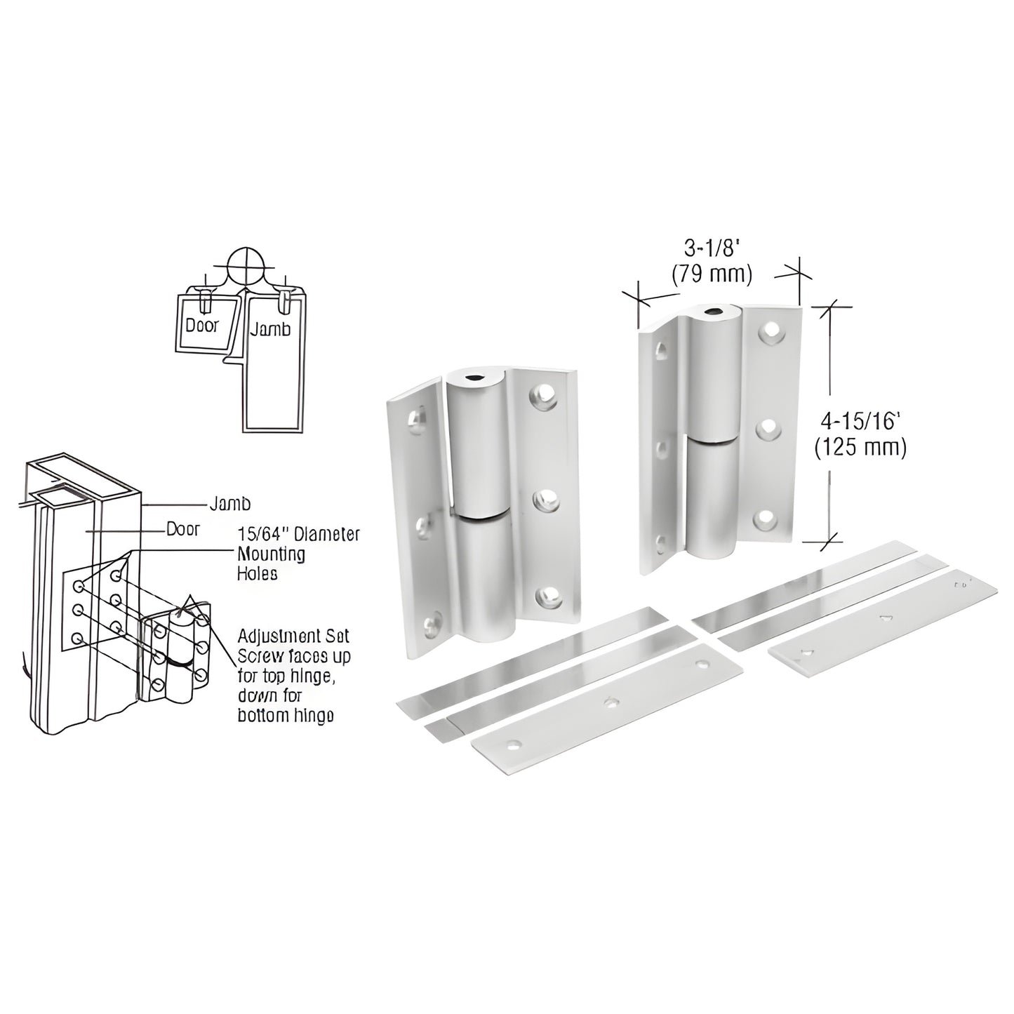 DL1099A satin-anodized commercial hinge kit - two heavy-duty adjustable hinges with shims, fits doors to 300 lb.