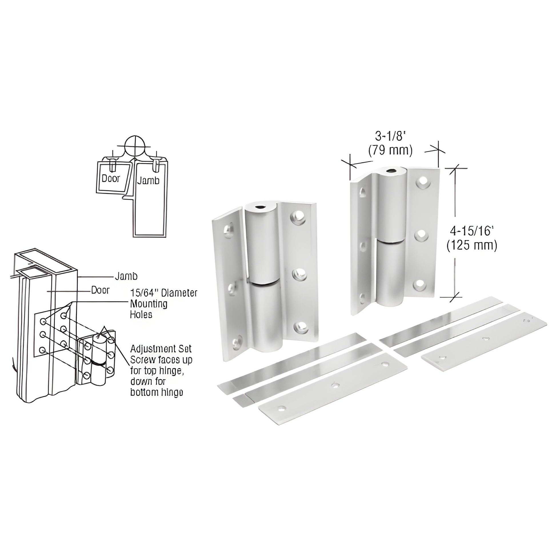 DL1099A satin-anodized commercial hinge kit - two heavy-duty adjustable hinges with shims, fits doors to 300 lb.