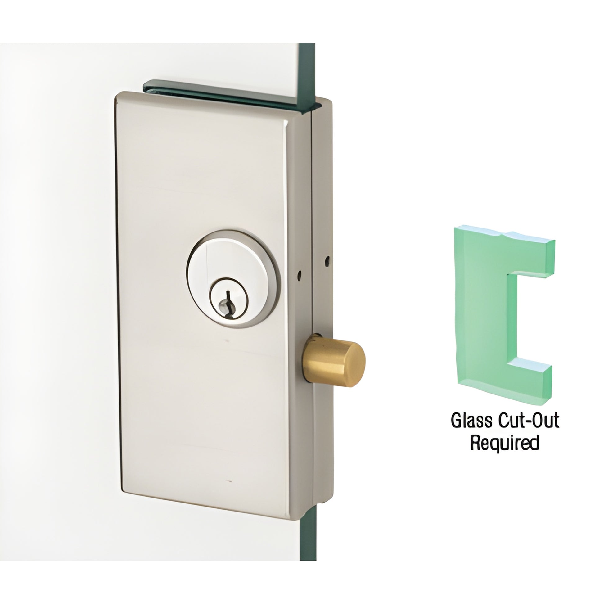 DT36BS brushed stainless low-profile center lock for 3/8-1/2 in tempered glass doors, compact rectangular lock with keyed cyl