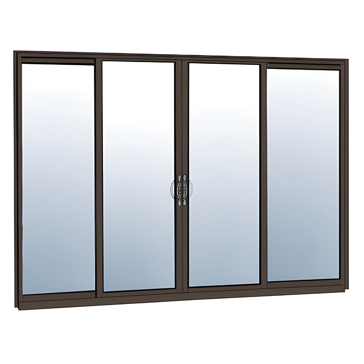 HS342BN22S Black-bronze anodized 4-panel thermally broken multi-track sliding patio door with center handles and screen.
