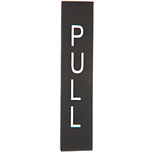 Oil rubbed bronze vertical door indicator labeled "PULL", 4.5"x1", etched white letters, adhesive tape backing. SKU 4EP0RBPL.