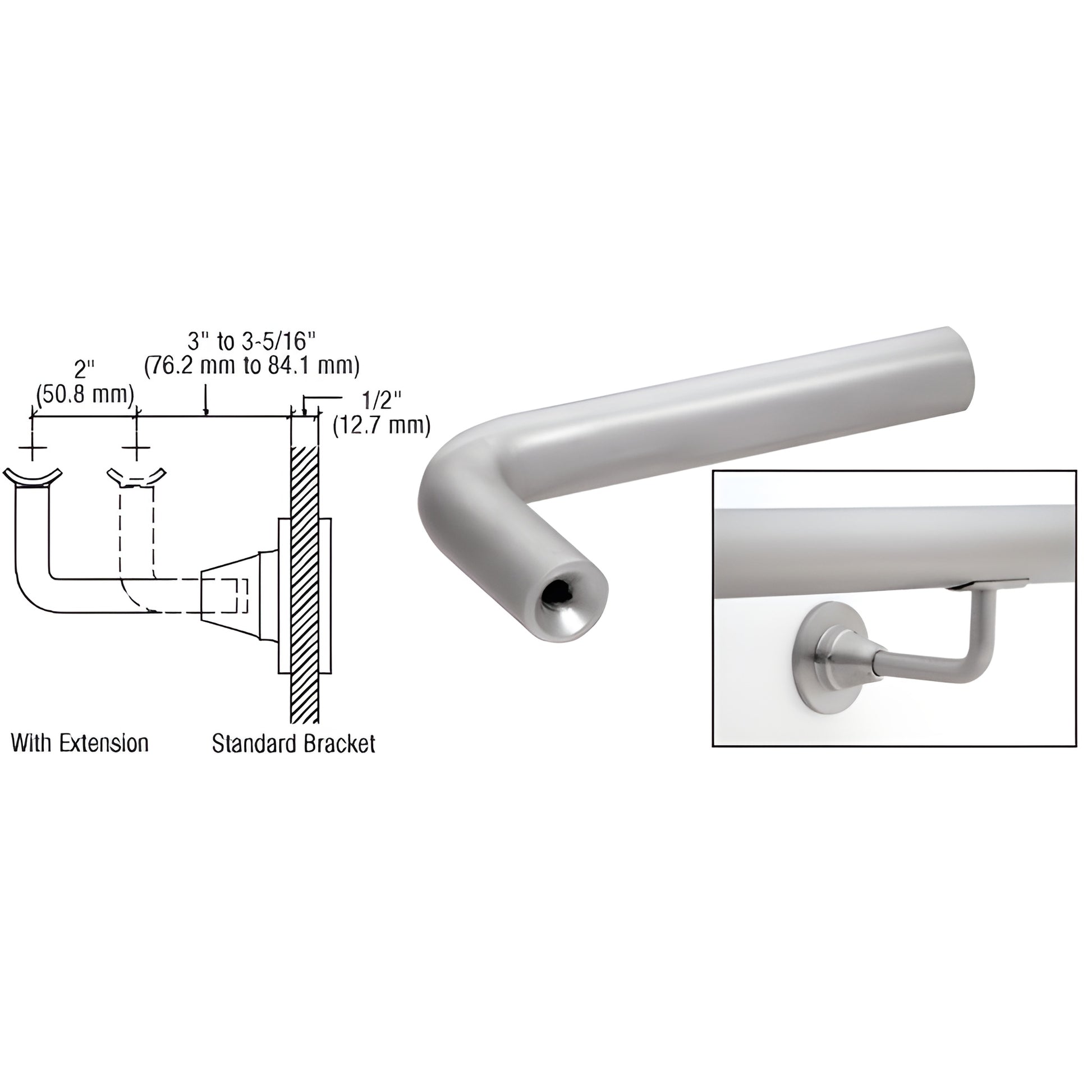HR2DXBS brushed stainless steel 2in extension arm for HR2D handrail bracket, angled tubular design