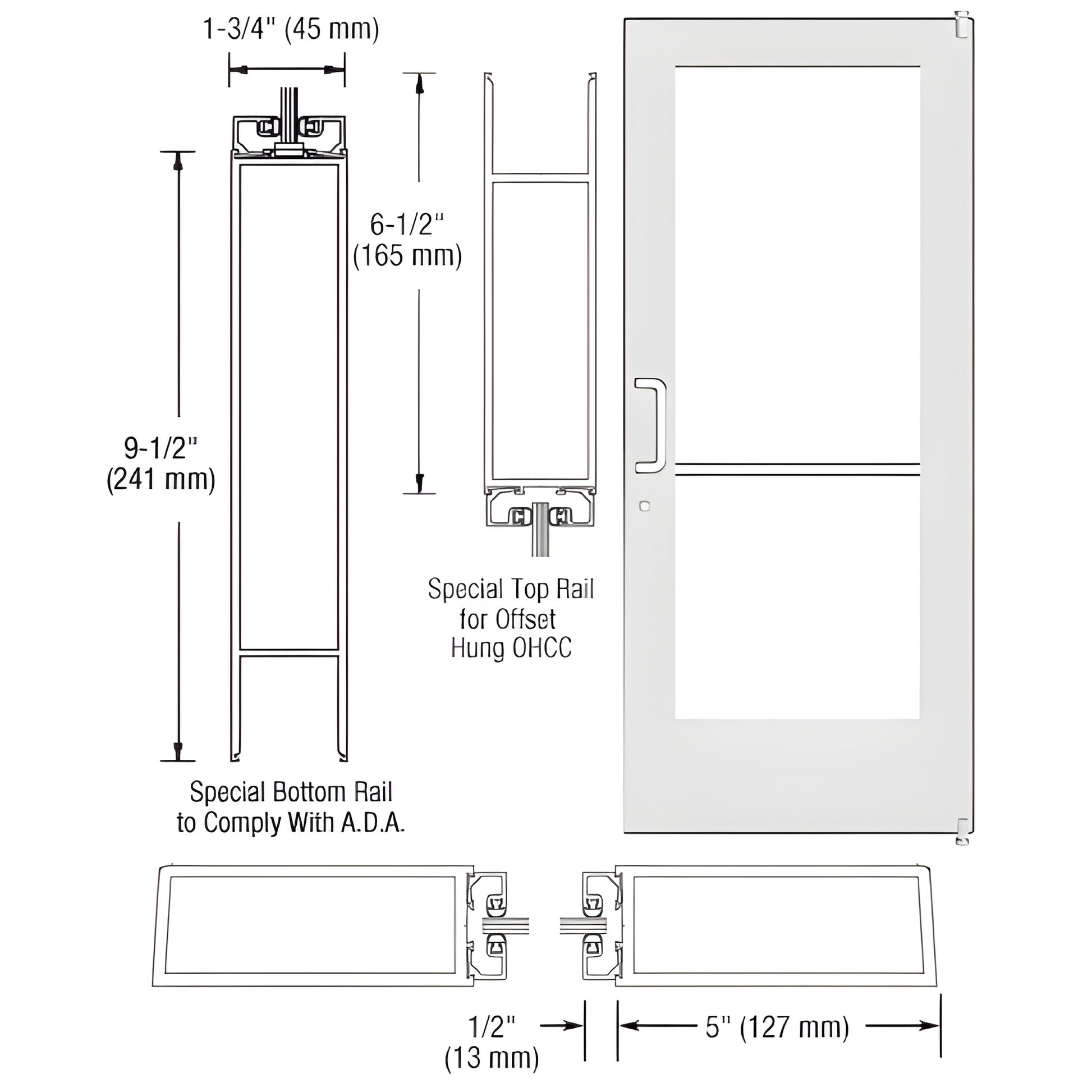 DE51152 White Kynar custom wide-stile commercial entrance door, 5" stiles, 91 2" ADA bottom rail, glass panel.