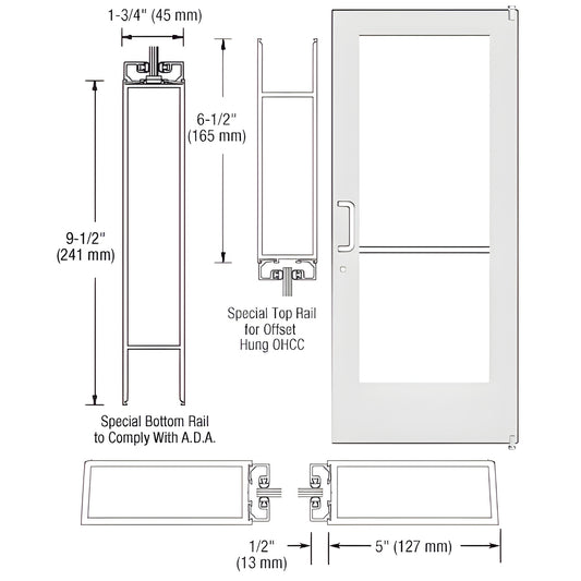DE51152 White Kynar custom wide-stile commercial entrance door, 5" stiles, 91 2" ADA bottom rail, glass panel.