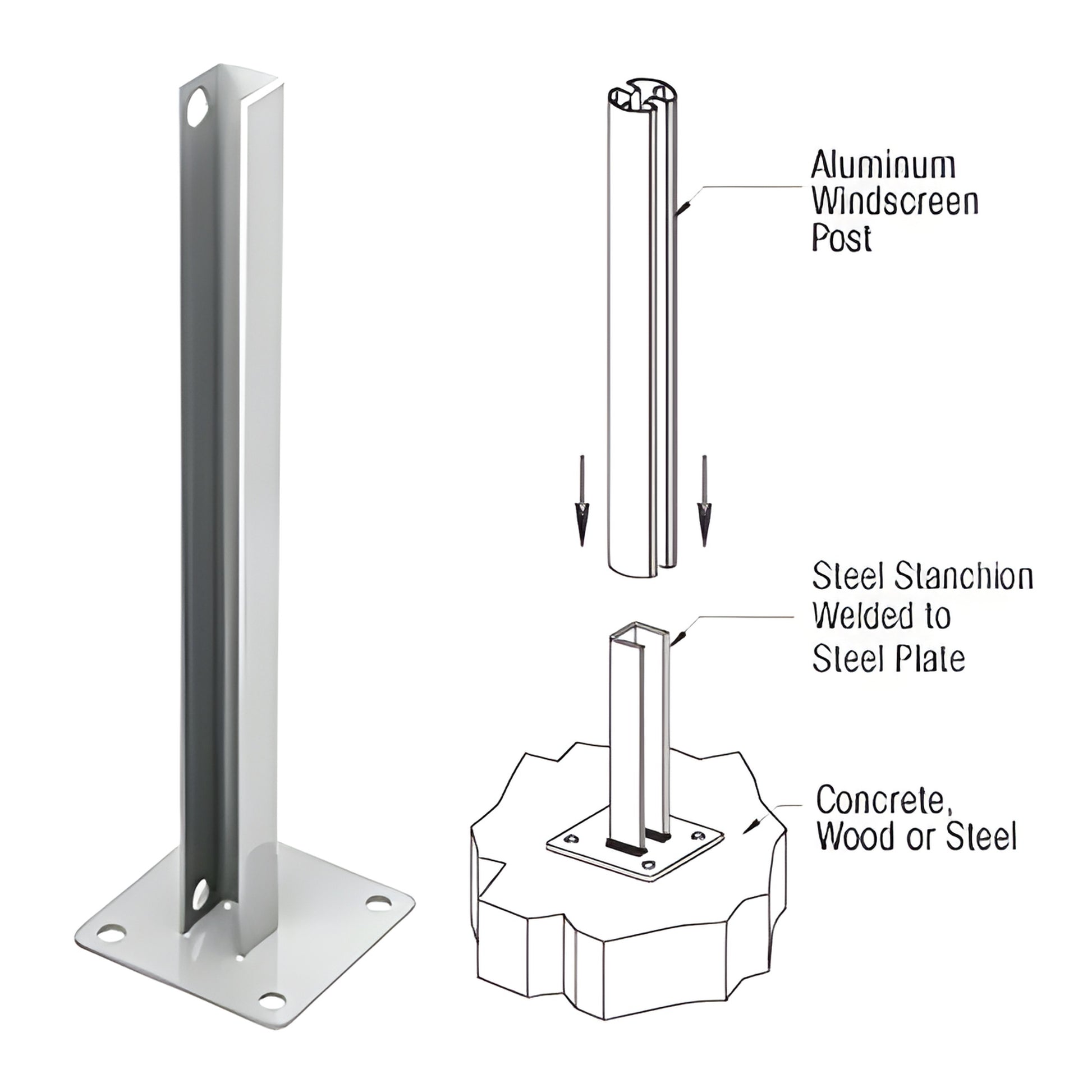 PSB3CS: Silver welded steel stanchion with 6 6 in base plate, 30 in height, mounting holes, and installation diagram.