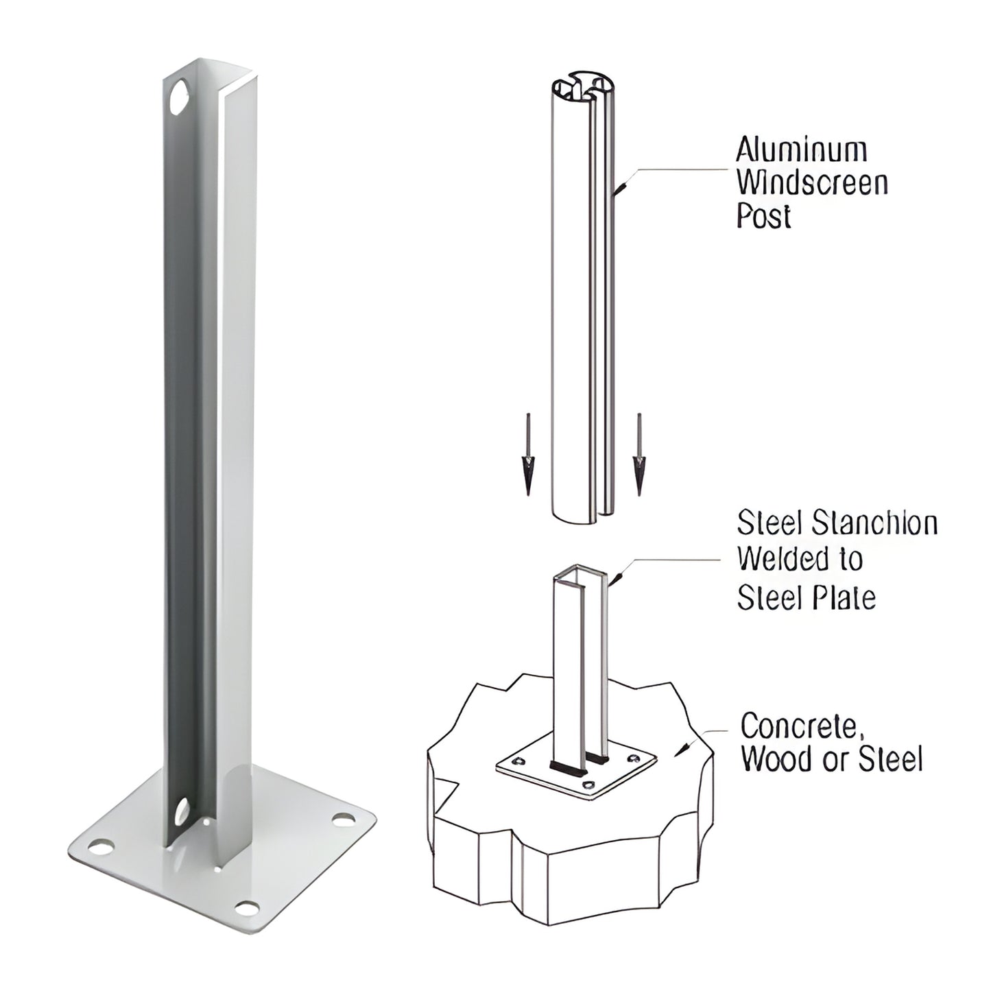 PSB2CS welded steel stanchion - silver metallic 30" post on 6 6" base plate, zinc-plated for surface mounting