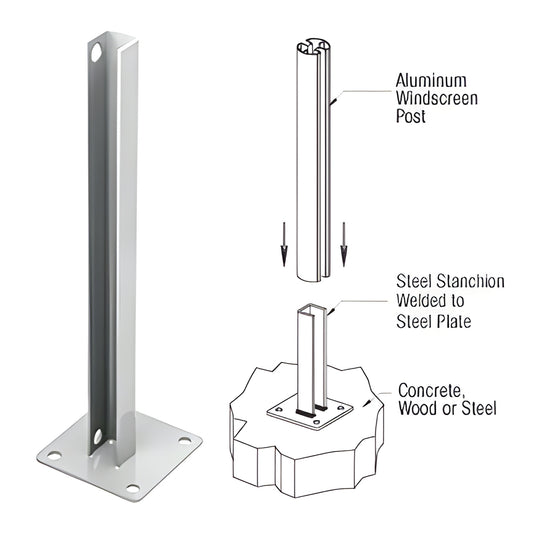 PSB2CS welded steel stanchion - silver metallic 30" post on 6 6" base plate, zinc-plated for surface mounting