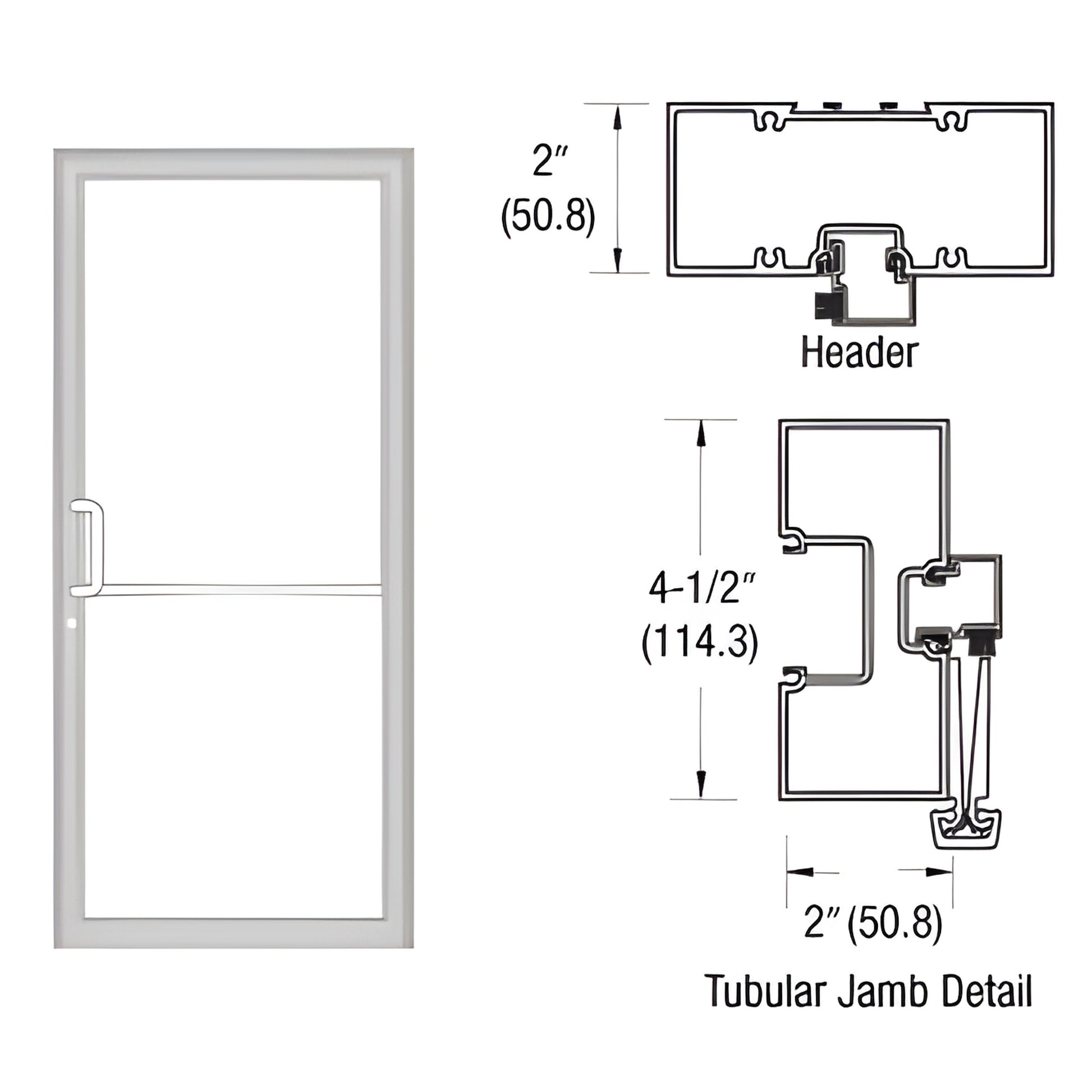 FR71811 clear anodized aluminum gear-hinge up-and-over door frame, 2 in x 4.5 in tubular jambs, aluminum threshold, technical