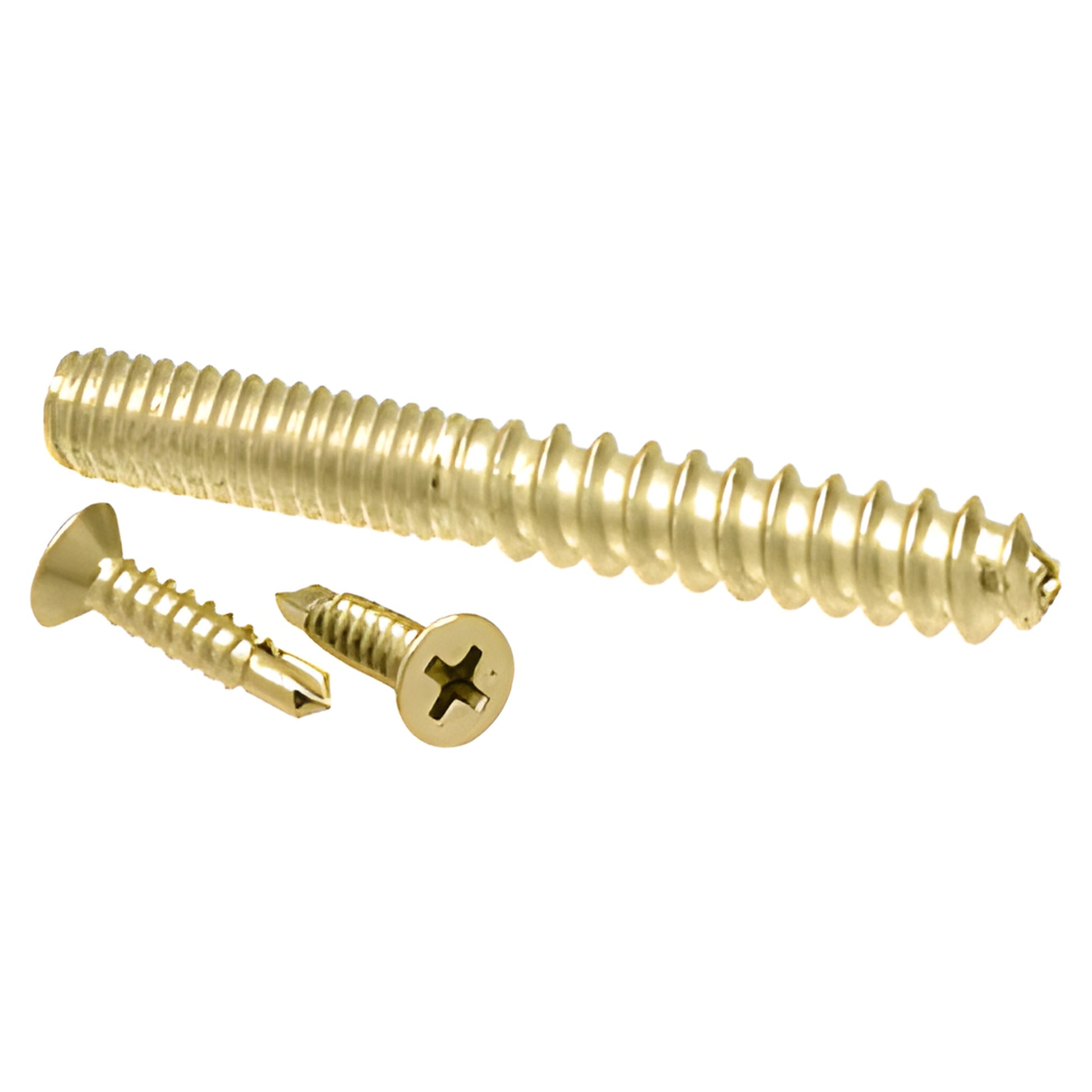 Polished brass screw pack RSP3PB - two 8-18 3/4" self-drilling Phillips screws and one 5/16-18 21 2" hanger bolt