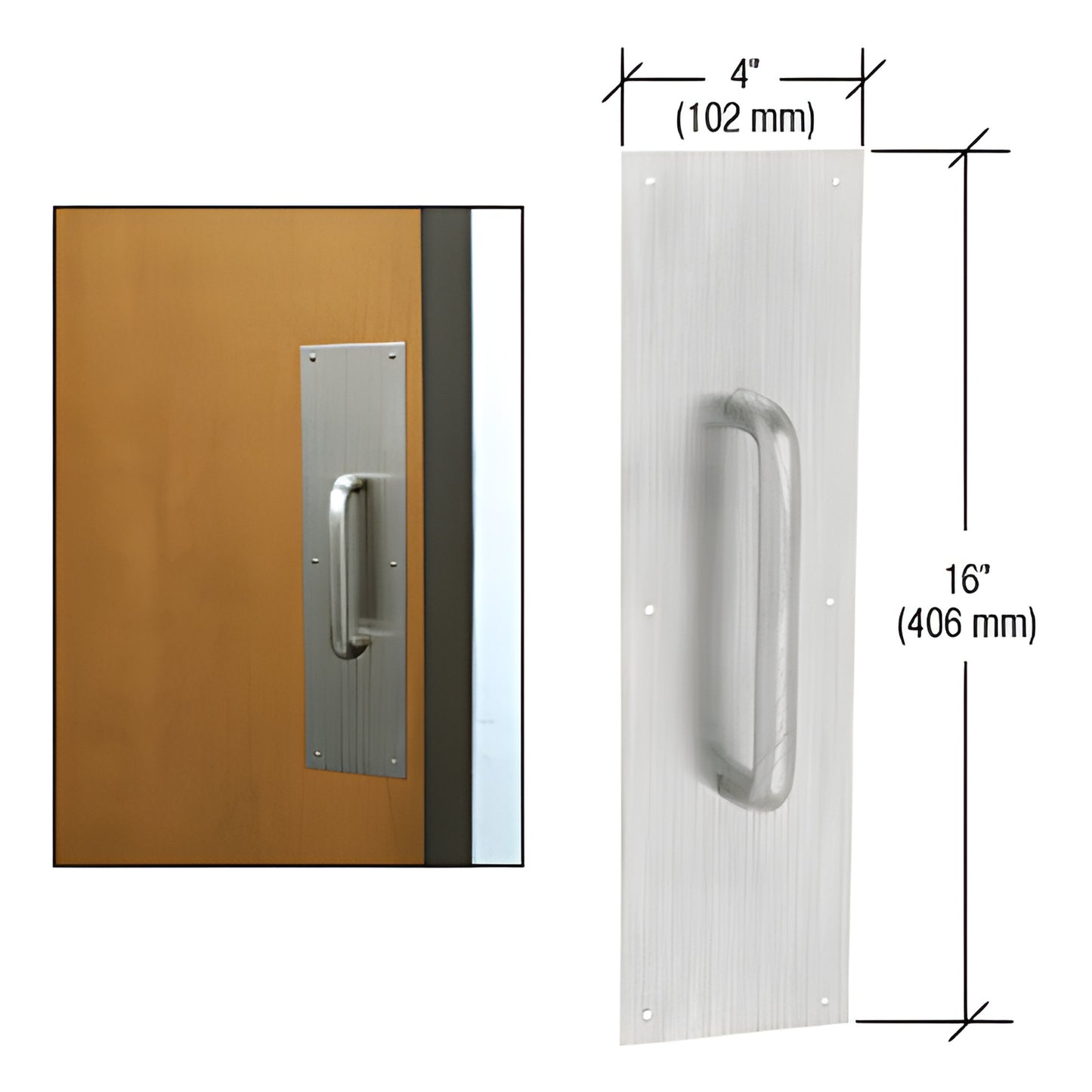 M8832D brushed stainless 3/4" diameter 8" pull handle on 4" 16" mounting plate for commercial glass doors