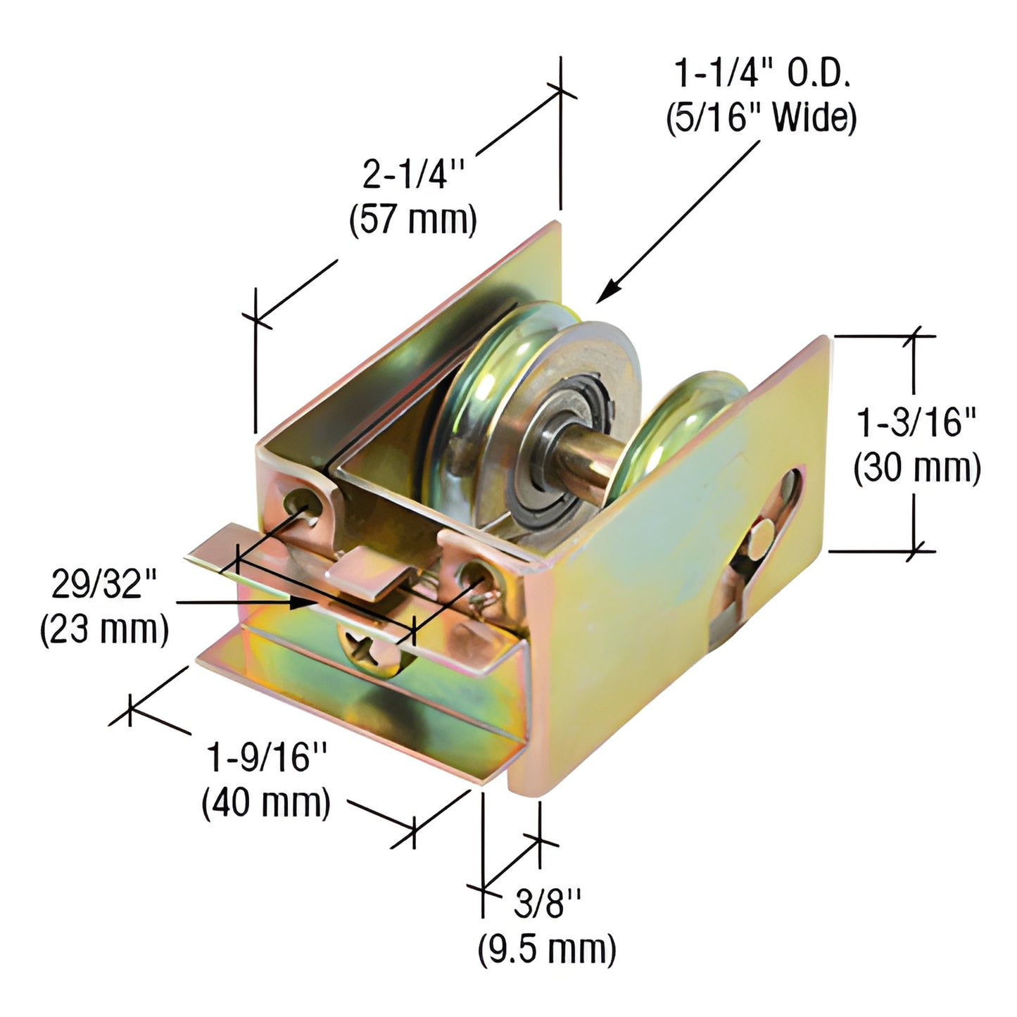D1548 adjustable steel tandem roller for sliding patio doors, dual 5/16" concave ball-bearing wheels.