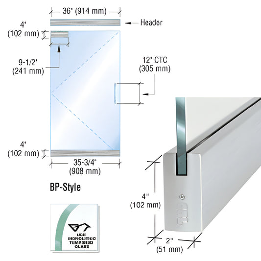 BP4BS12SE: BP-style brushed stainless steel dry-glaze frameless glass door kit diagram and close-up rail for 1/2" glass