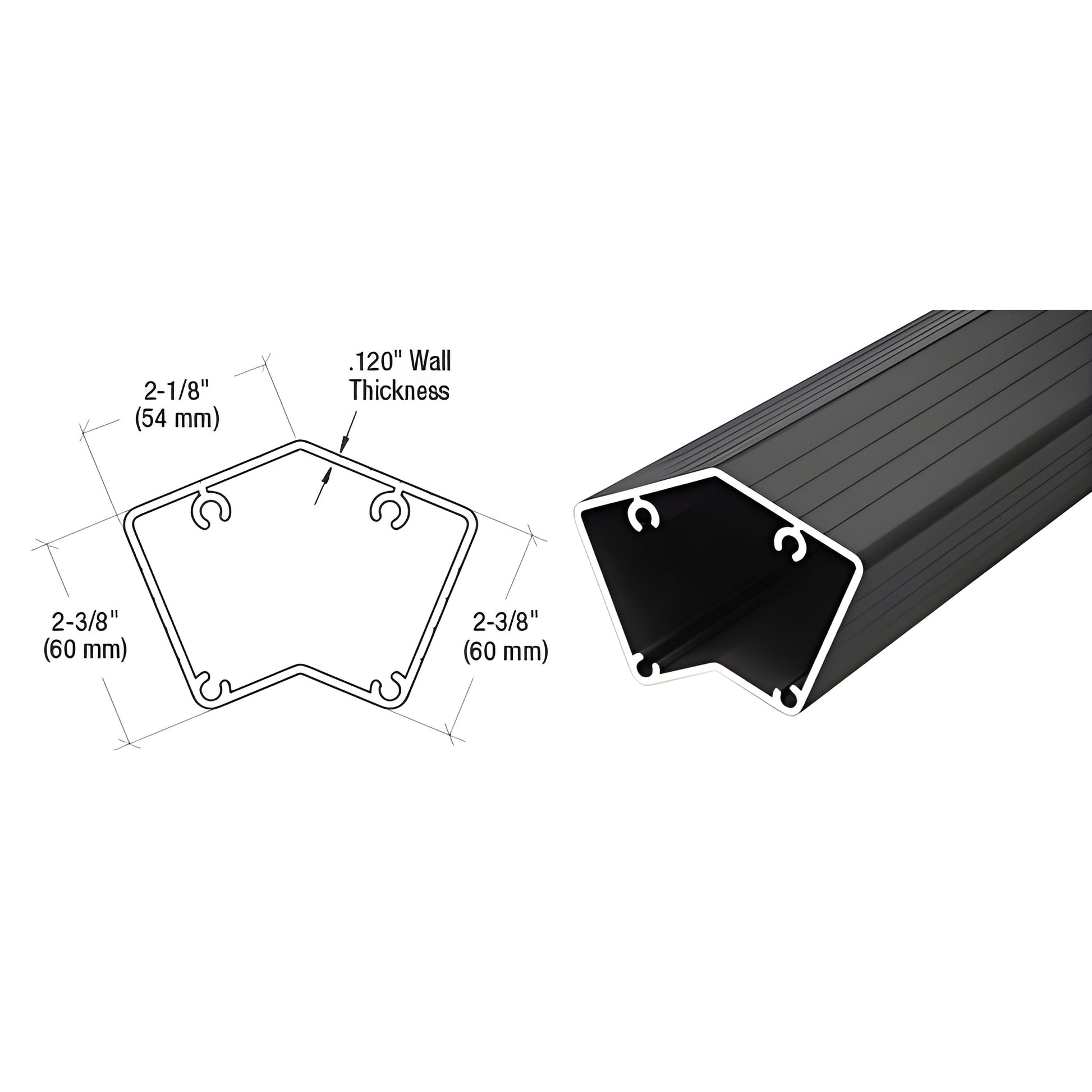 Matte black 135-degree aluminum railing post SKU 1P536BL, 36 in. 6005 T5, photo with cross-section drawing.