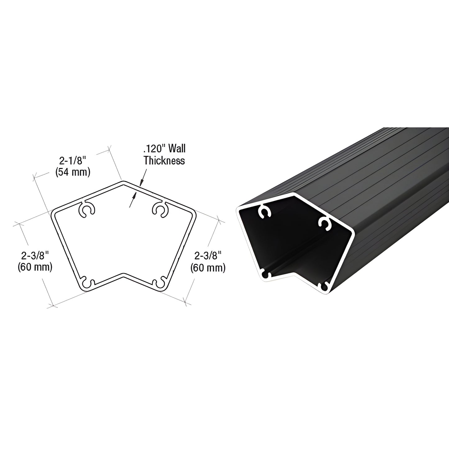 135 matte black aluminum post SKU 1P542BL, 43 in, pentagonal cross-section with .120" wall.