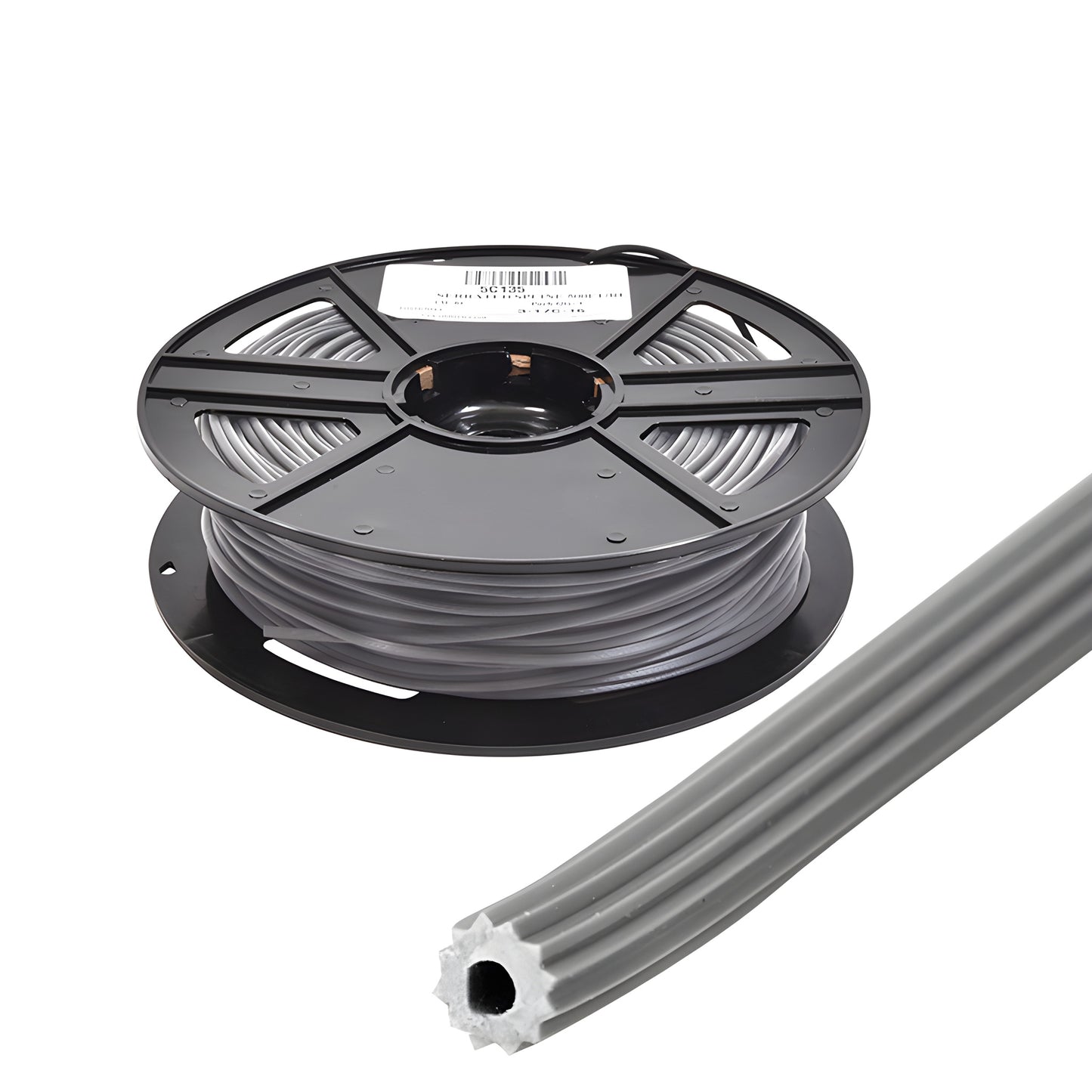 Gray hollow-core vinyl screen spline (0.135") on 500' black plastic spool, serrated star profile - SKU 5C135.