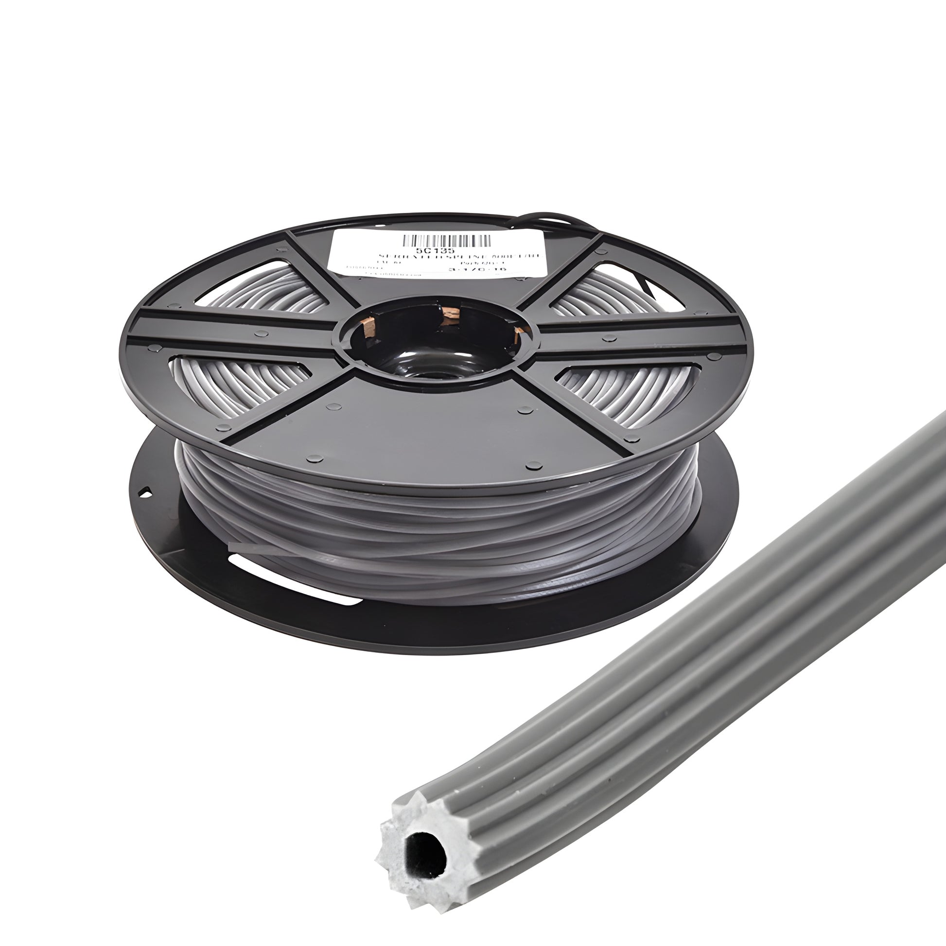 Gray hollow-core vinyl screen spline (0.135") on 500' black plastic spool, serrated star profile - SKU 5C135.