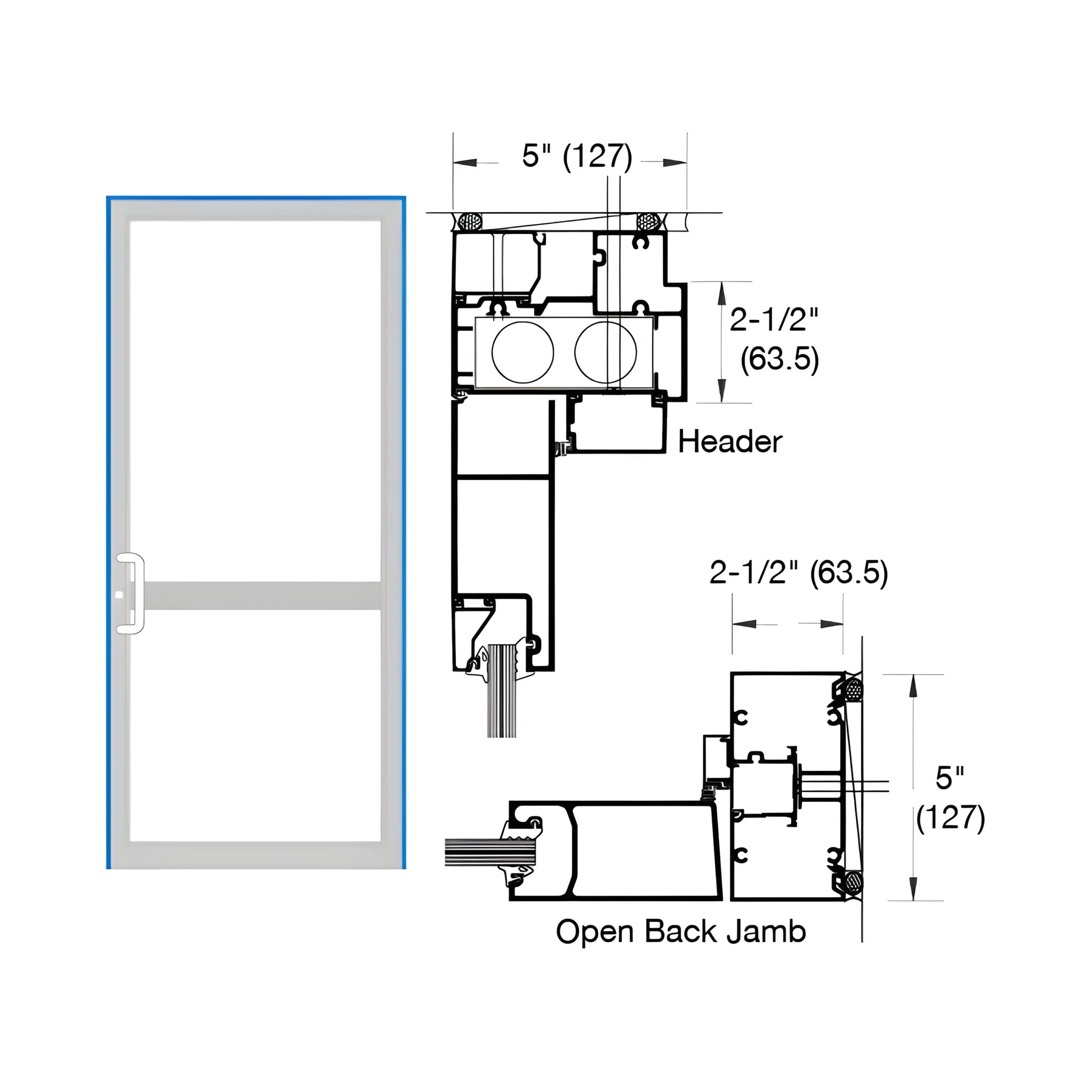 Single up/over hurricane impact door frame 2-1/2" x 5" diagram and front view, custom Kynar finish. SKU 0P41471