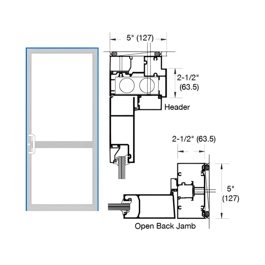 Single up/over hurricane impact door frame 2-1/2" x 5" diagram and front view, custom Kynar finish. SKU 0P41471