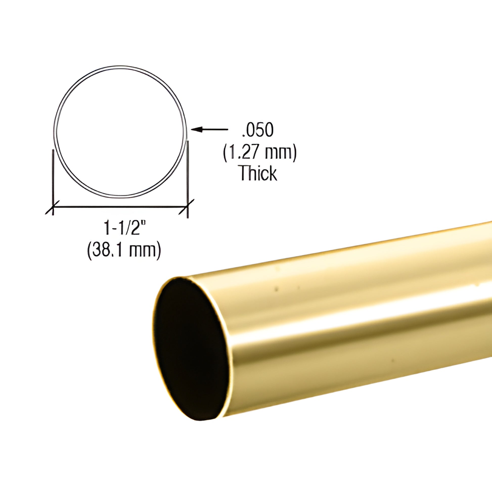 HR15PB polished brass handrail tubing, 1-1/2 in diameter, .050 in wall thickness, glossy finish