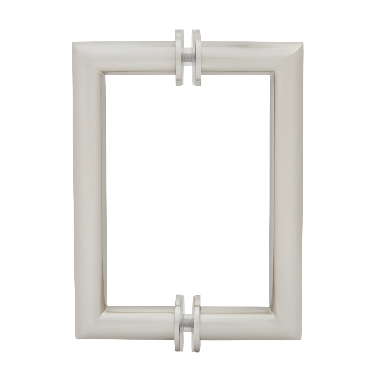 Brushed nickel 6 in. back-to-back rectangular glass pull handle - round tubing with mitered square corners (SKU MT6X6BN)