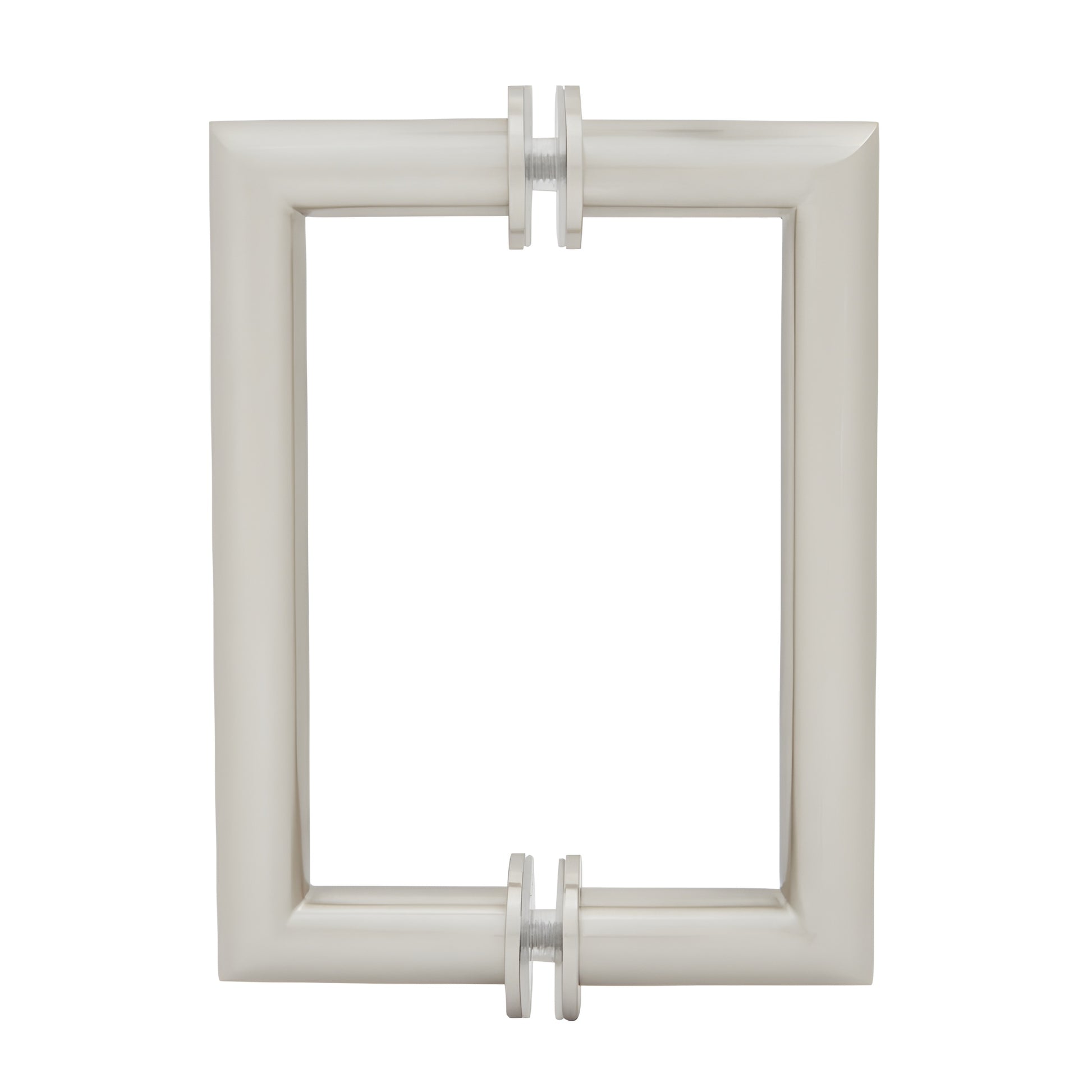 Brushed nickel 6 in. back-to-back rectangular glass pull handle - round tubing with mitered square corners (SKU MT6X6BN)