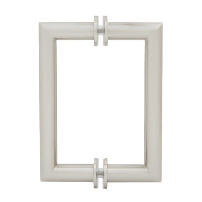 Brushed nickel 6 in. back-to-back rectangular glass pull handle - round tubing with mitered square corners (SKU MT6X6BN)