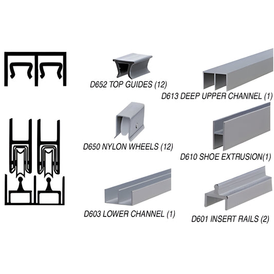 D2307A rolling track assembly components - satin anodized aluminum channels, D650 nylon wheels, guides and insert rails.
