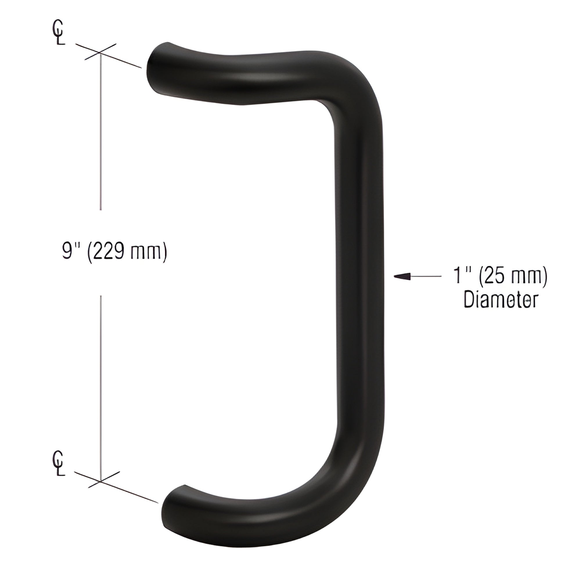 Matte black 1-inch diameter aluminum door pull handle, 9-inch center-to-center (SKU PR0323309)
