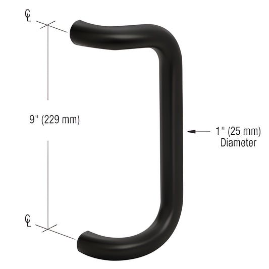 Matte black 1-inch diameter aluminum door pull handle, 9-inch center-to-center (SKU PR0323309)