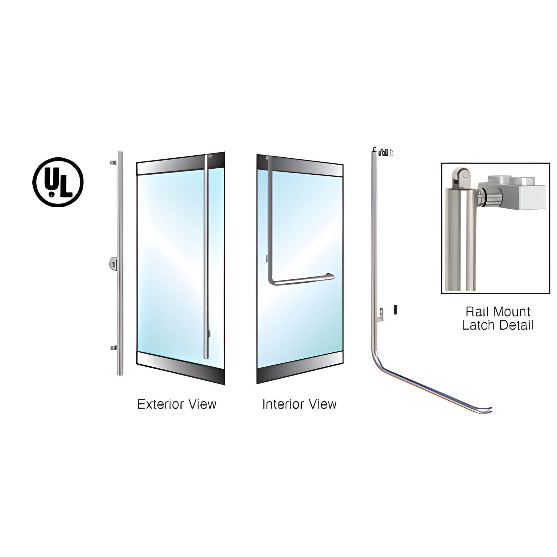 Brushed stainless steel 1-1/4 in top-rail mount panic exit handle for 1/2 in glass doors, SKU PA100FS4HKBS