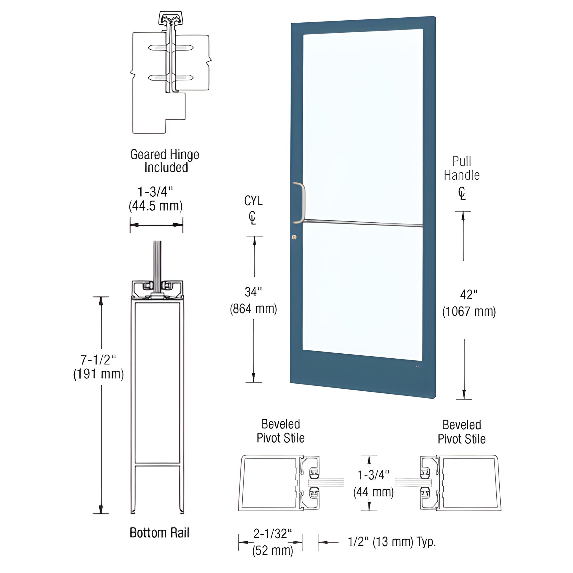 Custom narrow stile storefront entrance door (SKU HE21871), blue Kynar frame with large glass panel and stainless pull handle