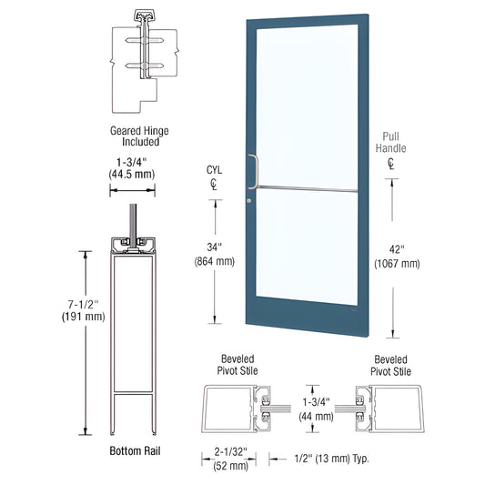 Custom narrow stile storefront entrance door (SKU HE21871), blue Kynar frame with large glass panel and stainless pull handle