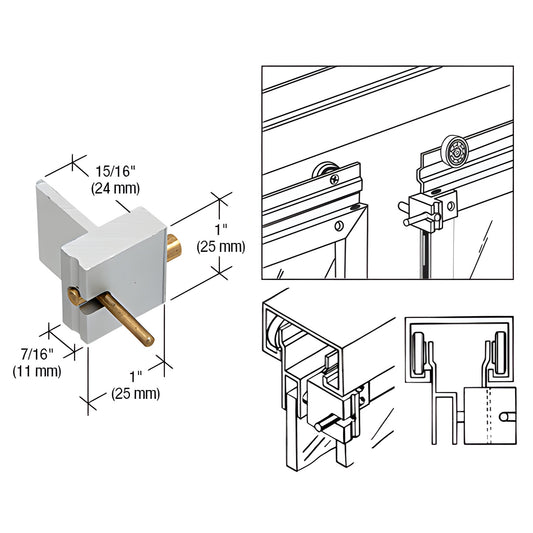 CRL D52A satin anodized aluminum spring-loaded catch for pass-thru windows; shows dimensions and installation diagrams.