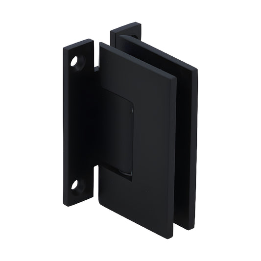 Matte black Vienna H-shaped wall mounting plate hinge for 12mm glass shower doors, SKU V1EH037MBL.