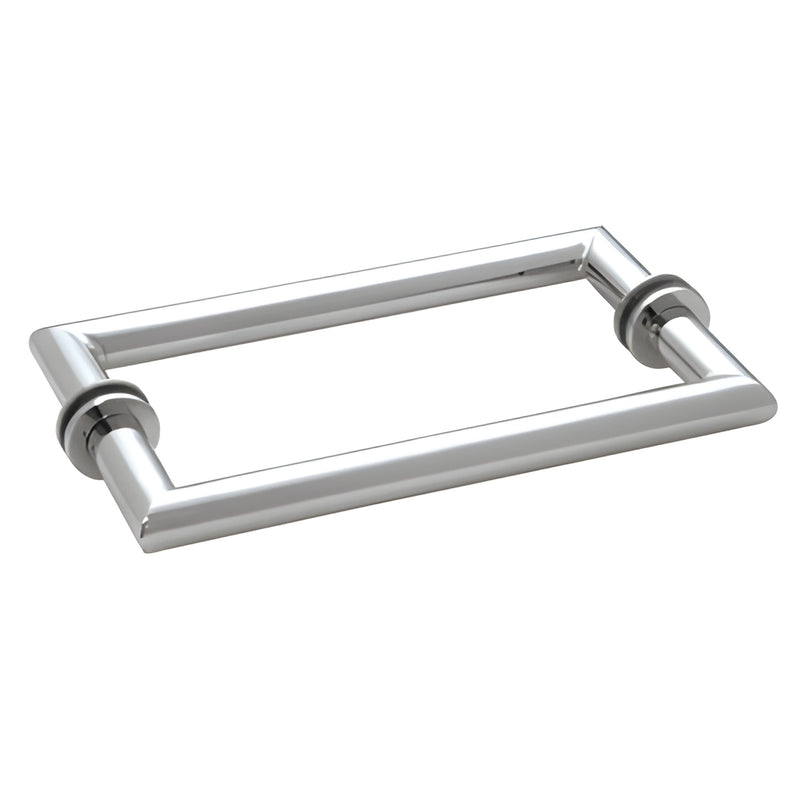 Polished chrome 18 in. back-to-back towel bar for glass doors, round tubing with mitered square corners. SKU MT18X18CH