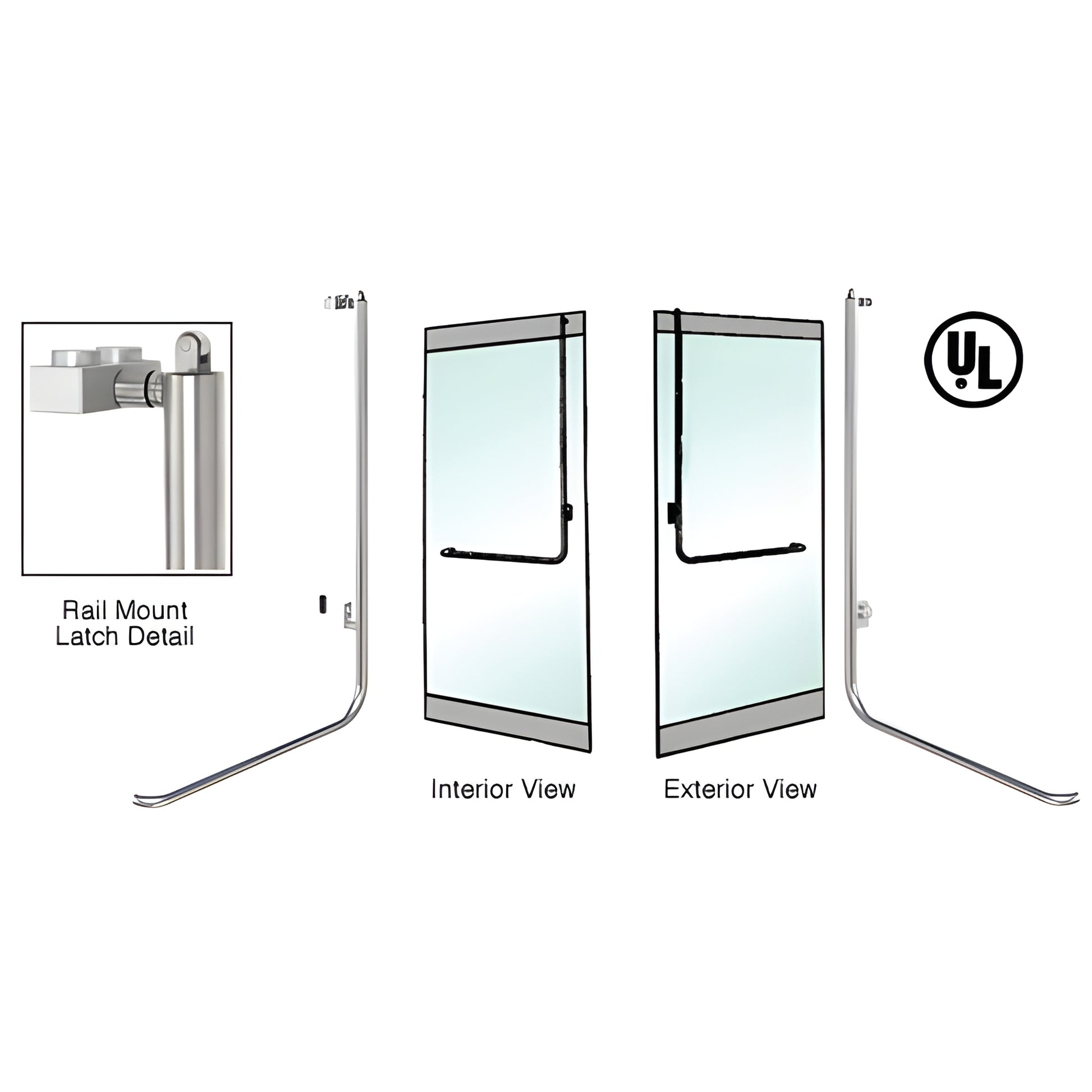 PA100D3RKPS polished stainless 1-1/4 in tubular panic handle for tempered glass doors, interior and exterior views.
