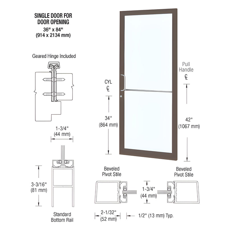 Clear anodized aluminum storefront single door 36x84, left-hand geared hinge, pull handles, lock (SKU DC21822L036)
