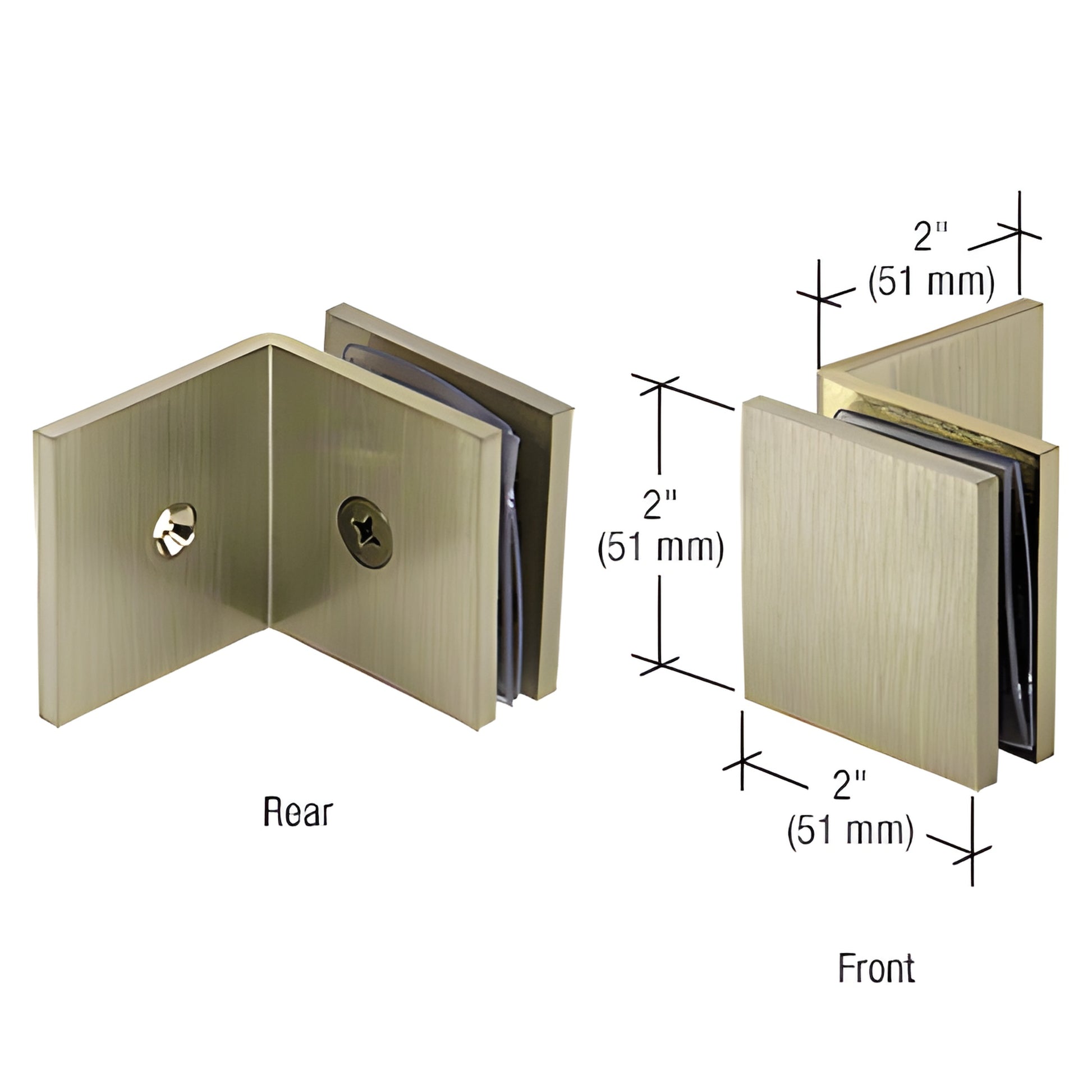 Brushed bronze fixed panel square clamp (SGC039BBRZ), solid brass 2" large-leg wall mount for 3/8-1/2" frameless glass.