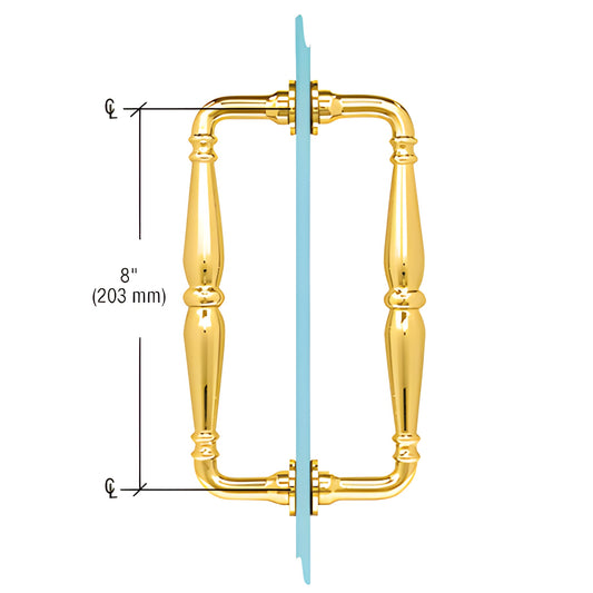 CRL V1C8X8BR Victorian solid polished brass back-to-back glass pull, 8" c-c, fits 1/4-1/2" (6-12mm) glass