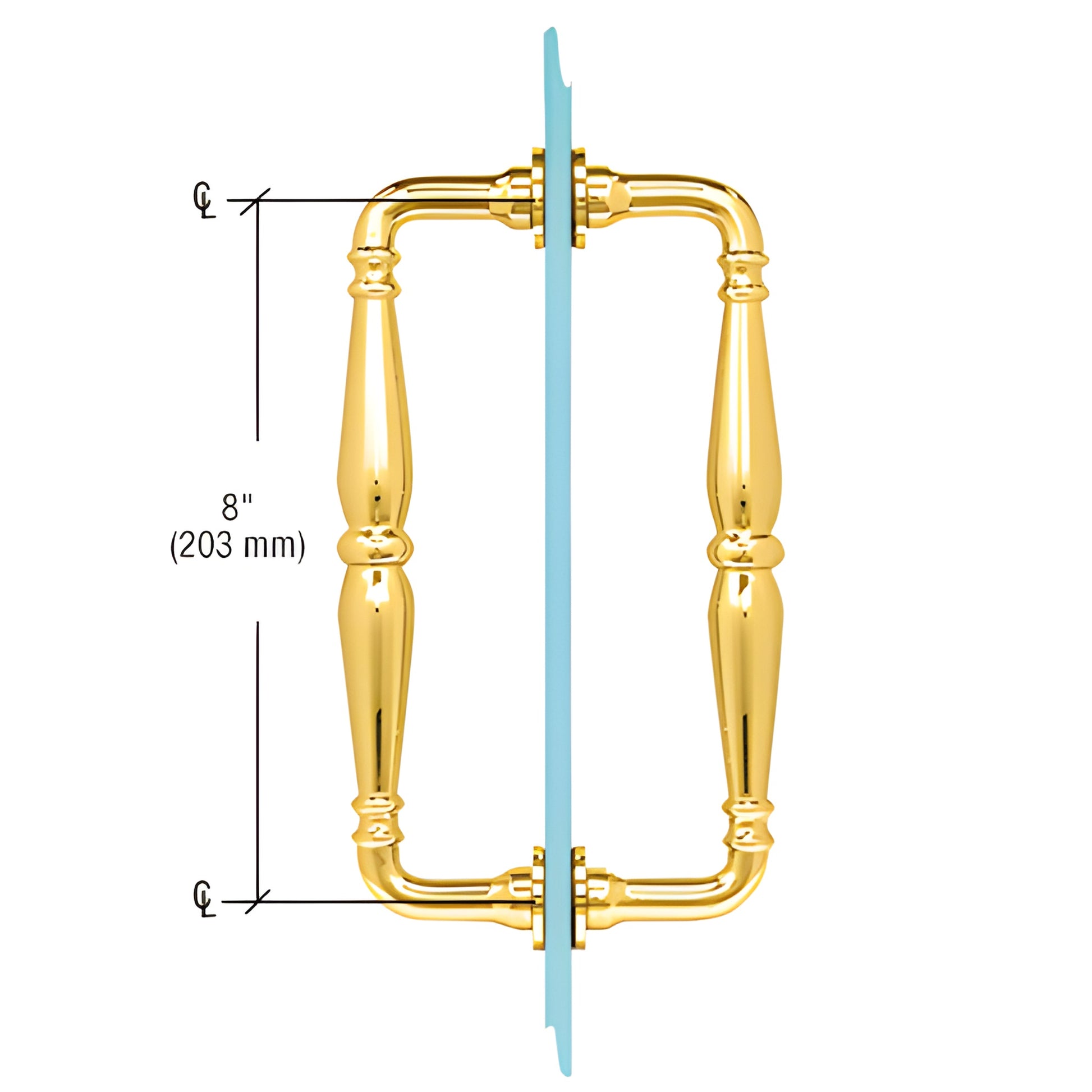 Victorian solid brass unlacquered shower door pull handle, back-to-back, 8" c-to-c, fits 1/4-1/2" glass (SKU V1C8X8ULBR)